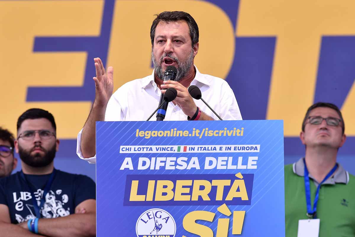 Salvini sul palco di Pontida durante il raduno del 2023 